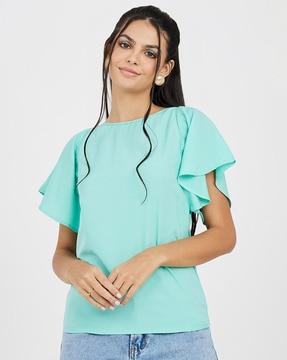 ladder cut-out blouse with flutter sleeves