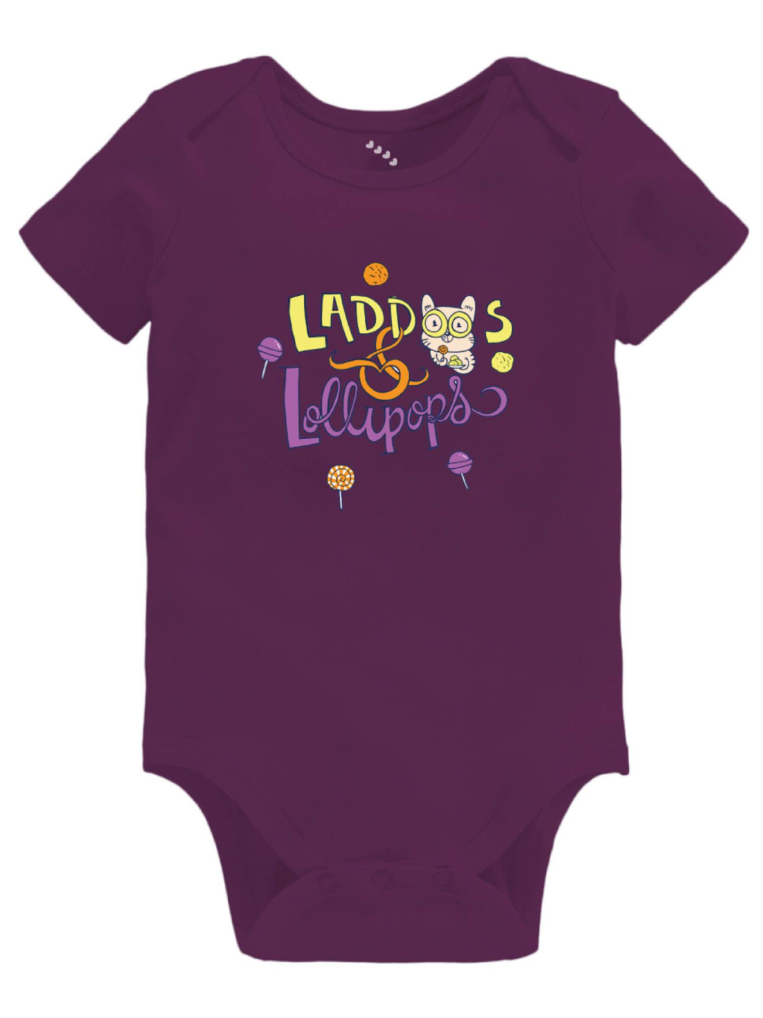 laddoos and lollipops baby printed onesie - purple