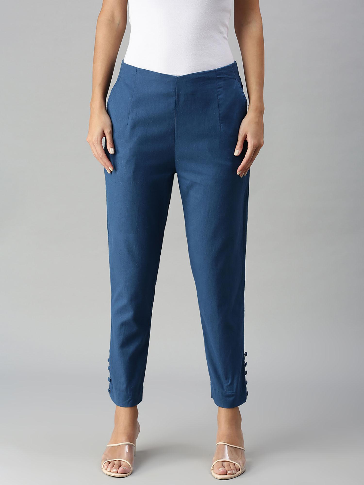 ladies cigarette pant solid cotton indigo blue