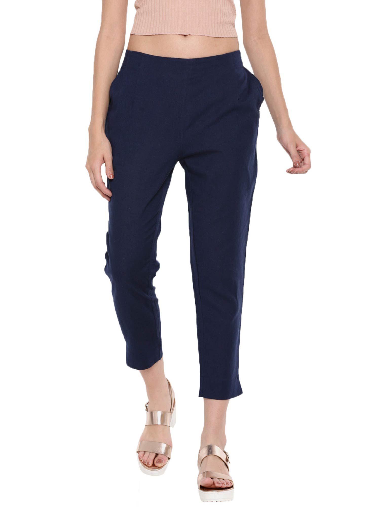 ladies woven bottom straight pant solid cotton flex navy blue