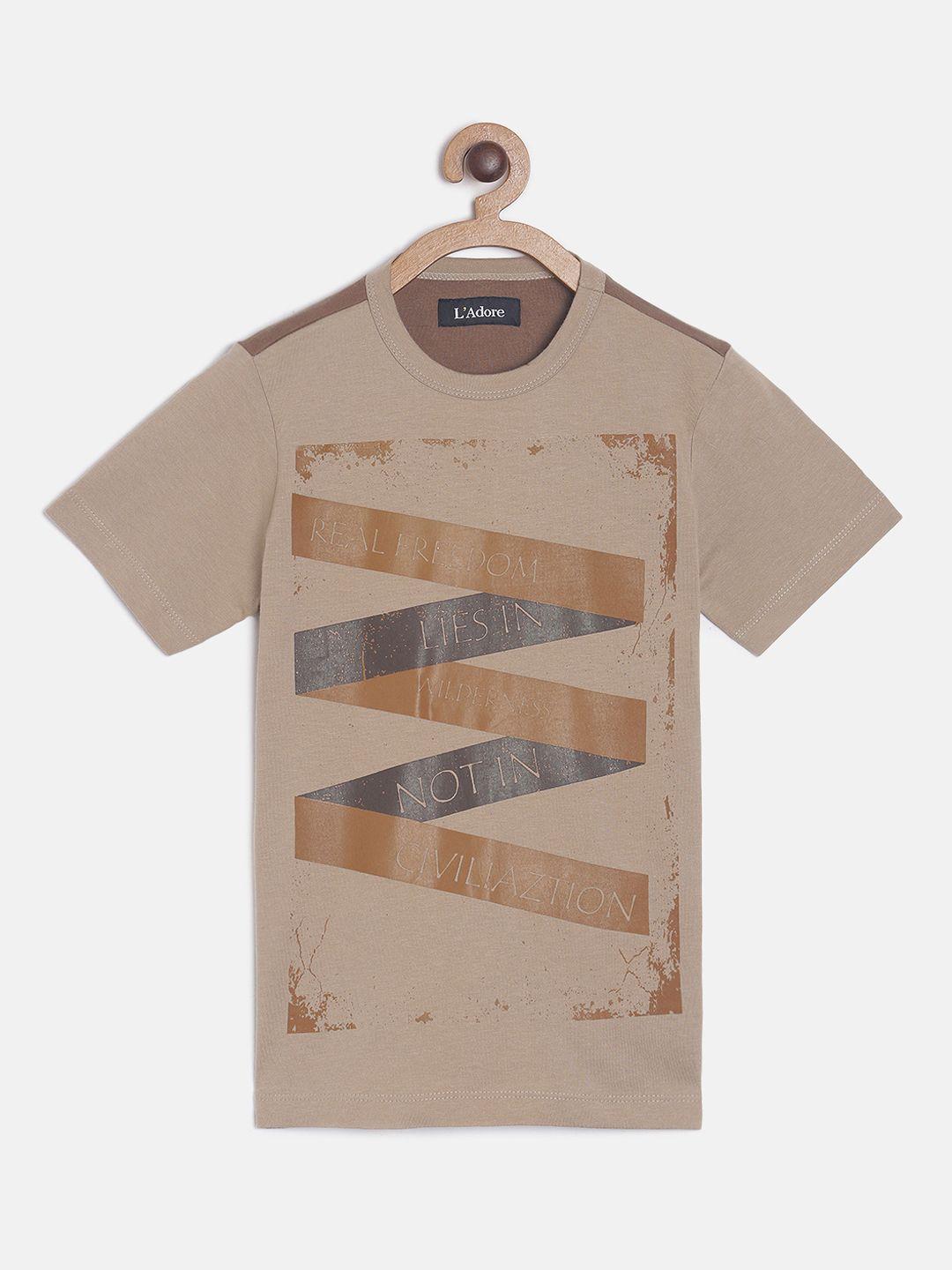 ladore boys brown printed round neck t-shirt