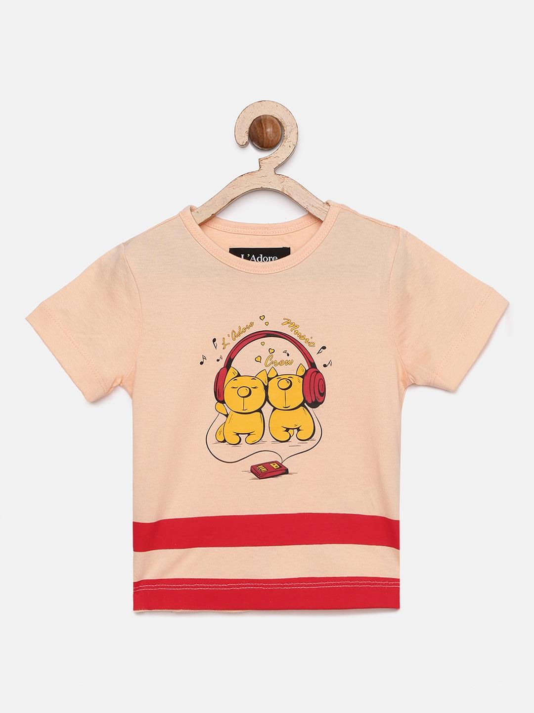 ladore boys peach-coloured printed round neck t-shirt