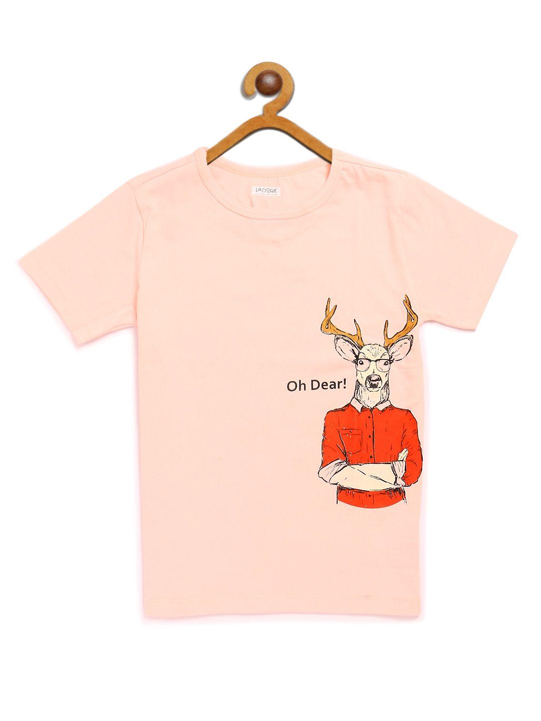 ladore unisex kids peach-coloured printed round neck t-shirt