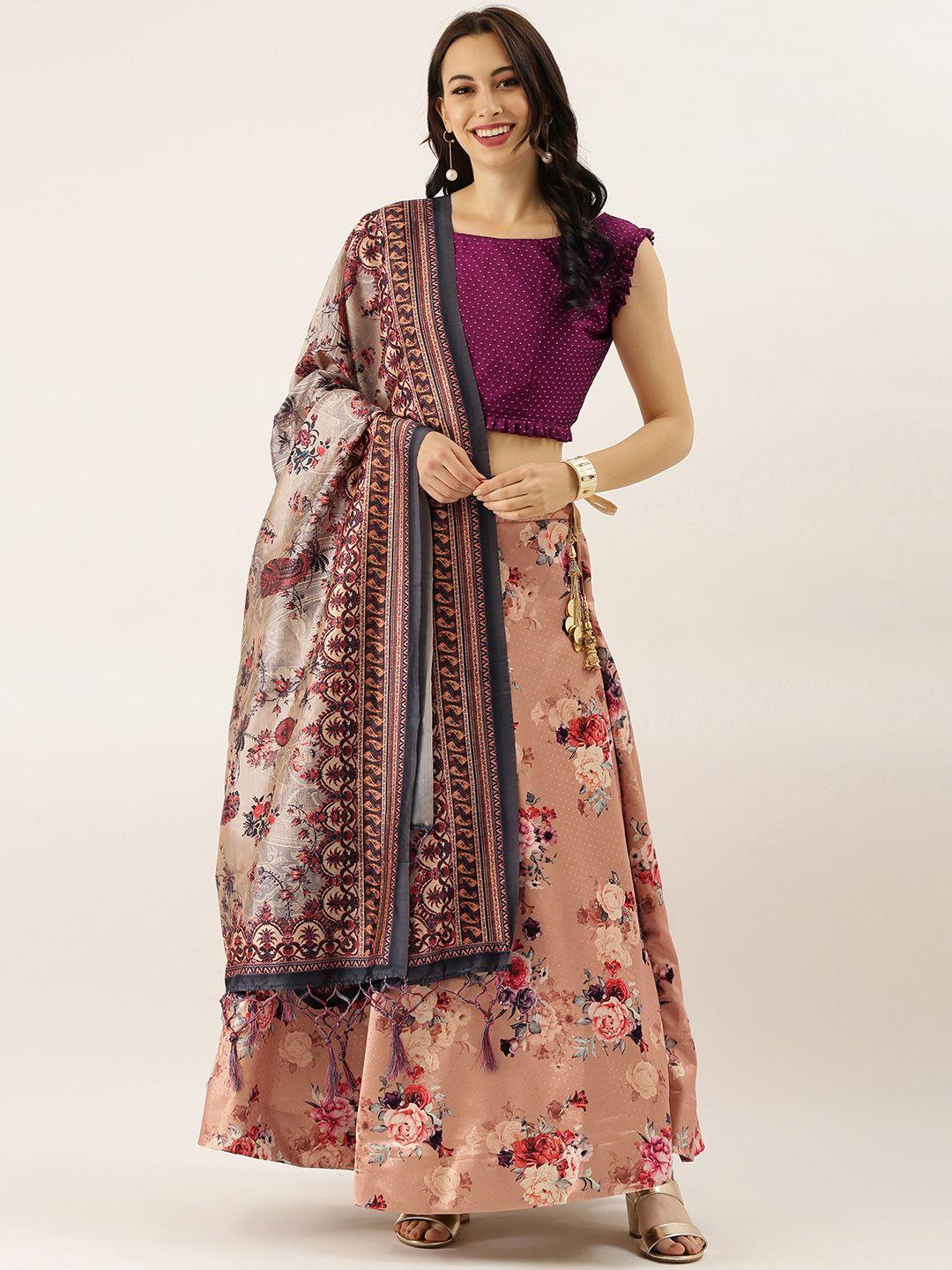 ladusaa peach-coloured & burgundy woven design semi-stitched lehenga & unstitched blouse with dupatta
