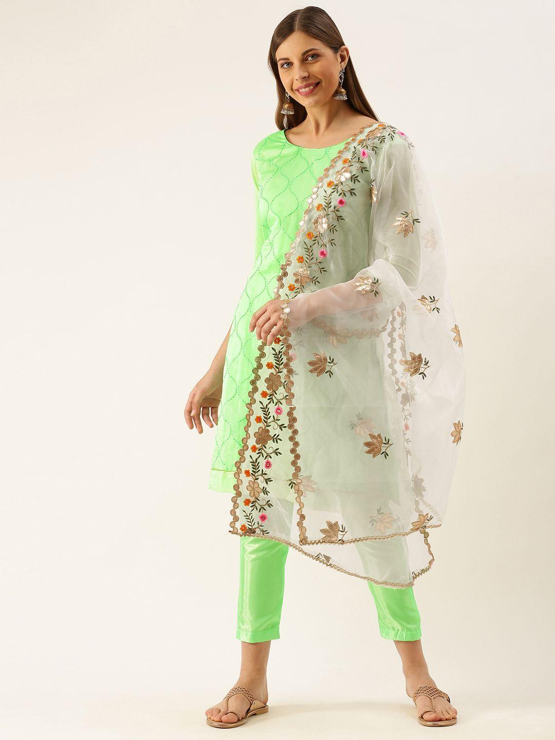 ladusaa green cotton blend embellished unstitched dress material