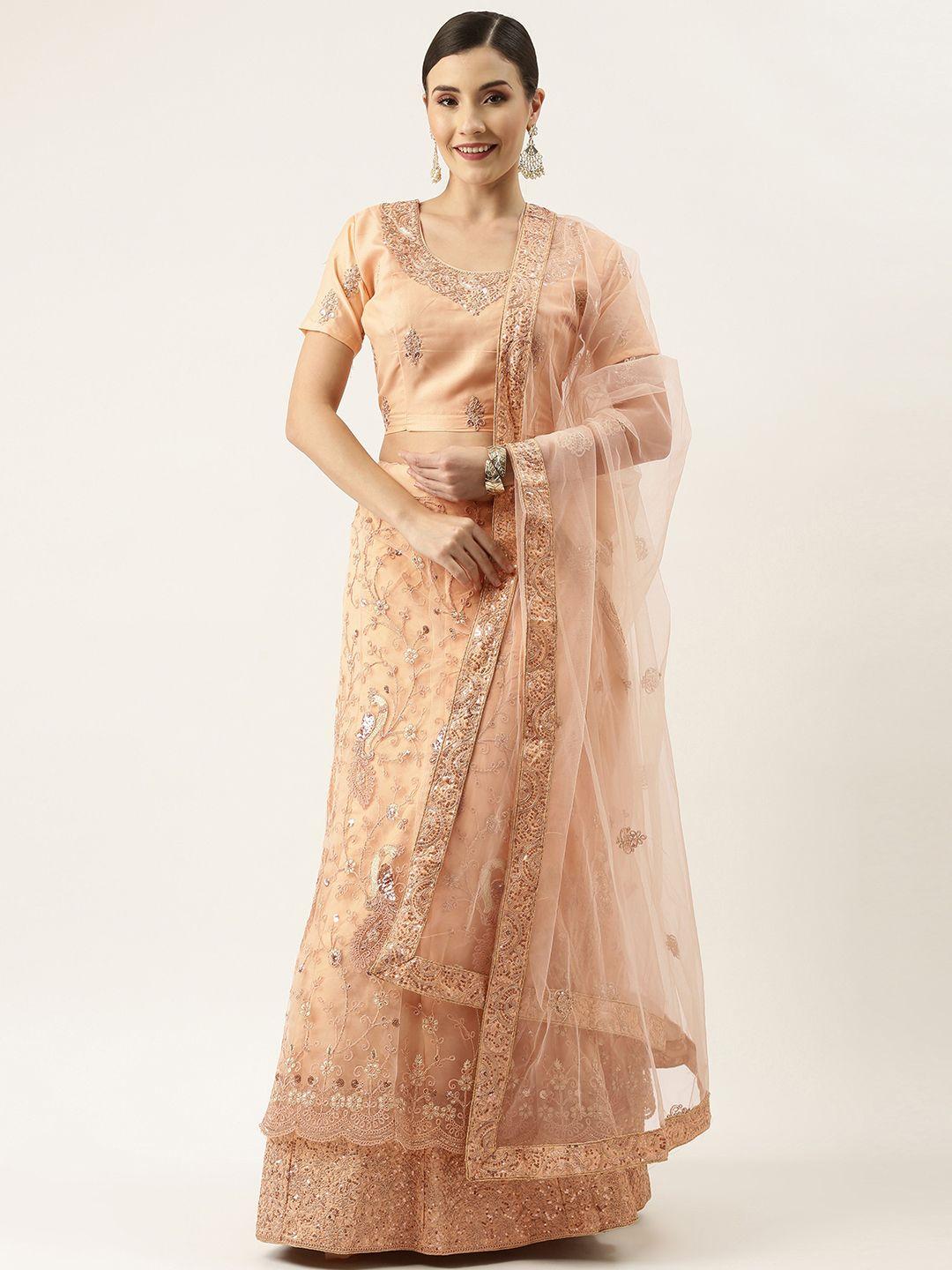 ladusaa peach-coloured embroidered semi-stitched lehenga & unstitched blouse with dupatta