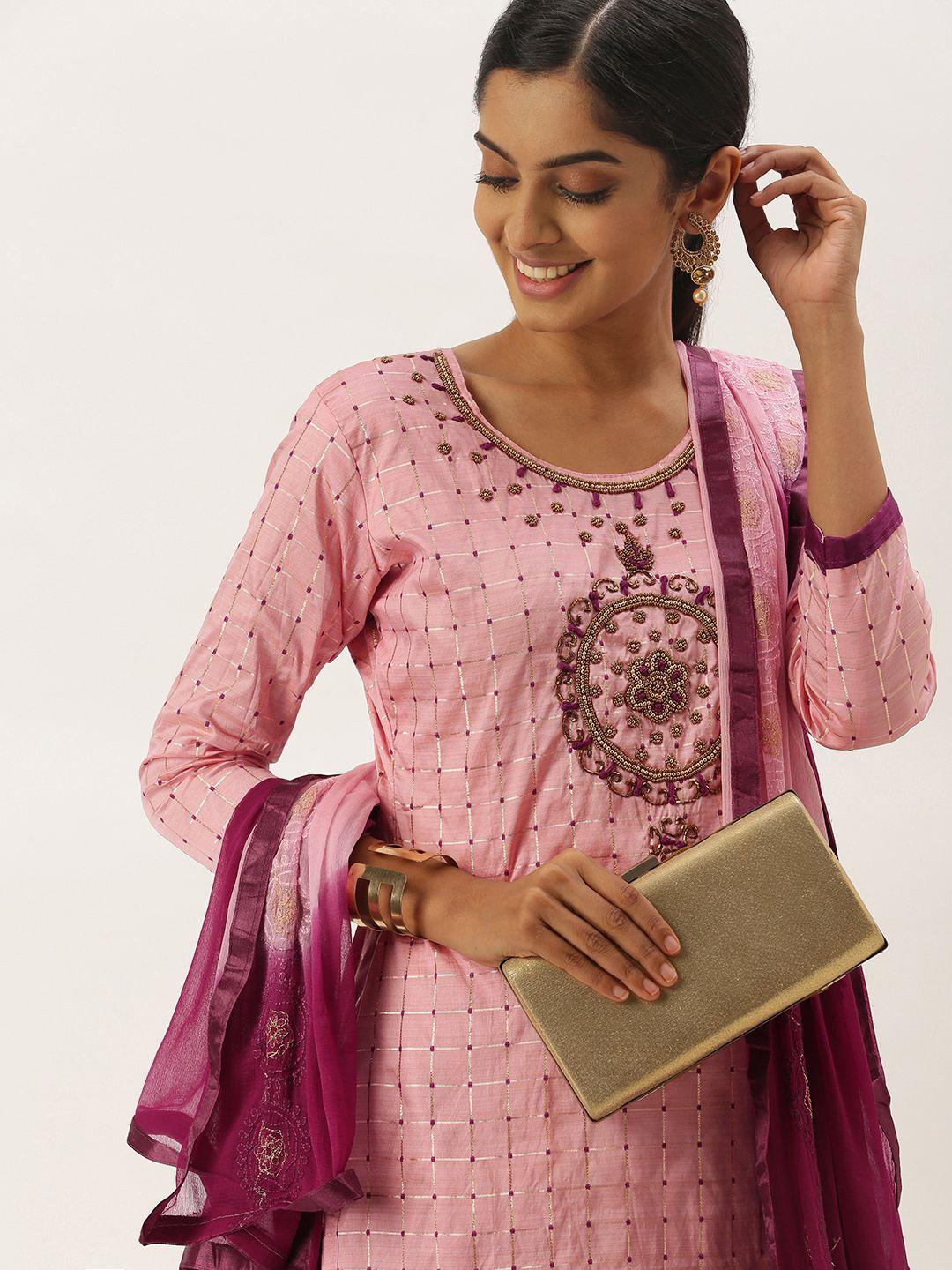 ladusaa pink & purple embroidered unstitched dress material