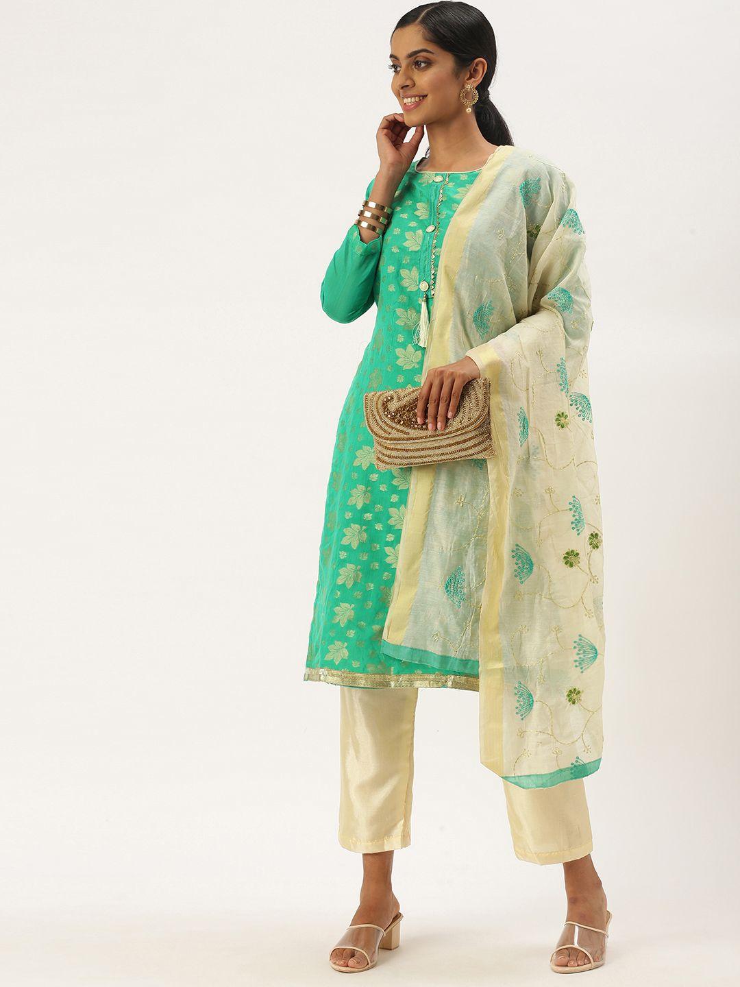 ladusaa sea green & gold-toned unstitched dress material