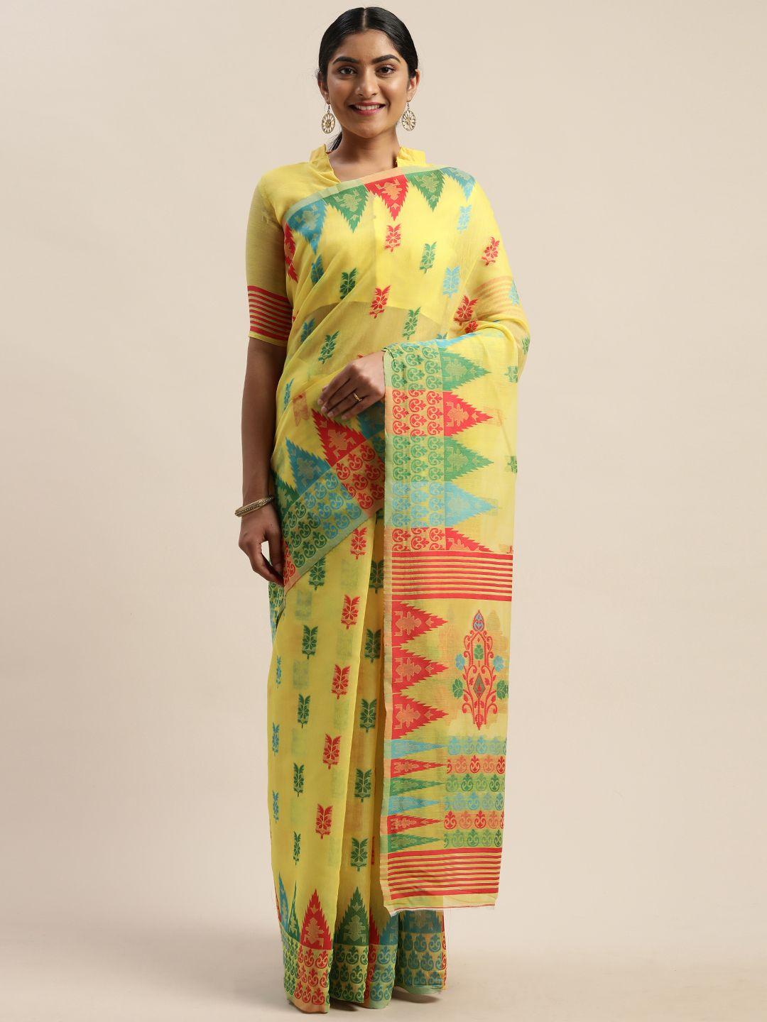 ladusaa yellow silk cotton woven design jamdani saree
