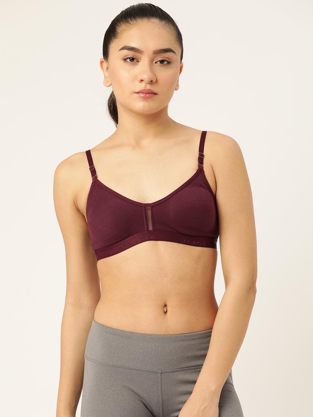 lady lyka burgundy solid cotton workout bra-full coverage non-wired non padded