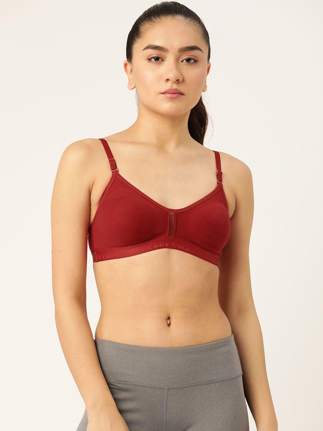 lady lyka maroon solid cotton workout bra-full coverage non-wired non padded