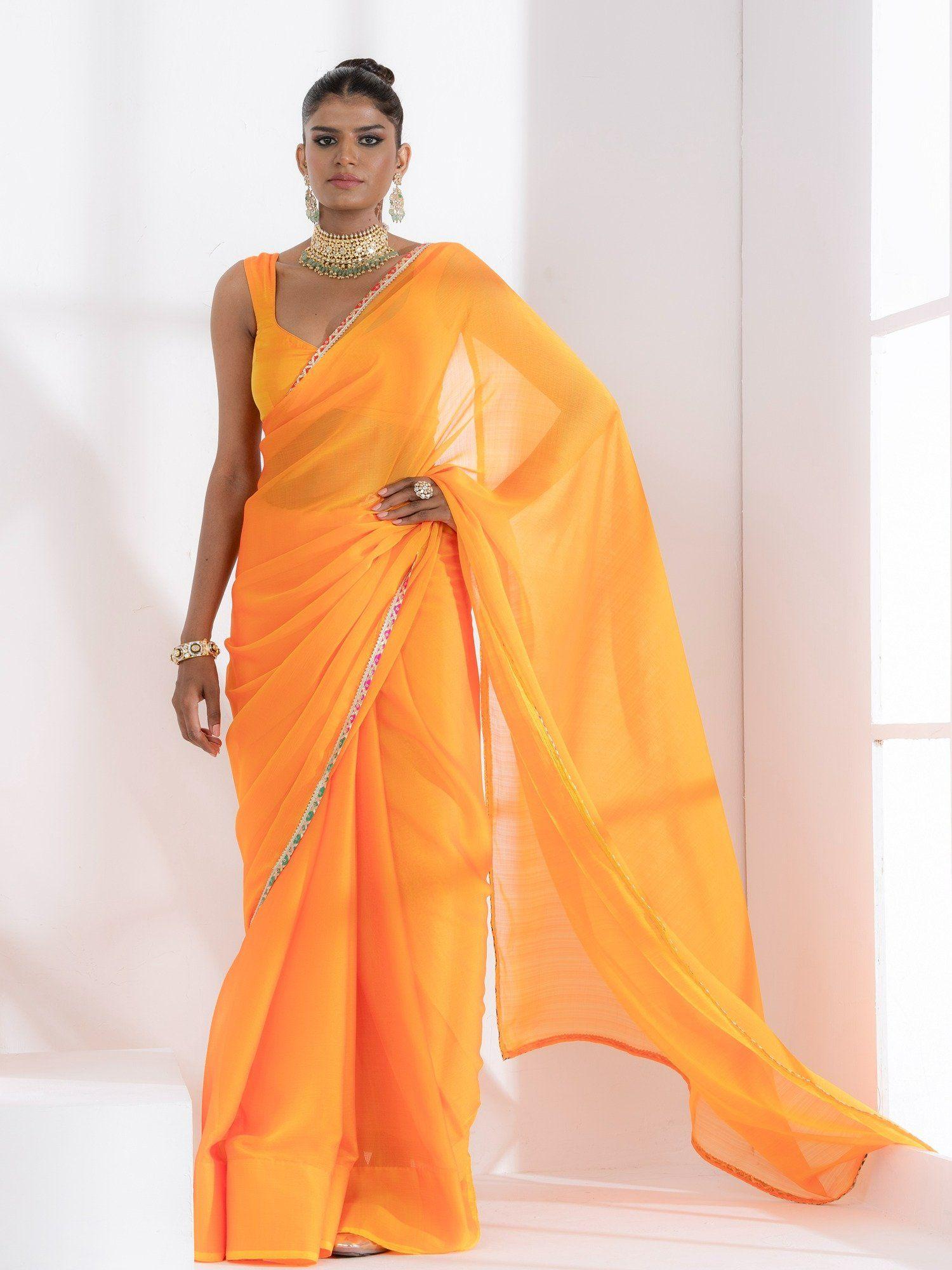 lady danger orange yellow dual shade chiffon saree with unstitched blouse