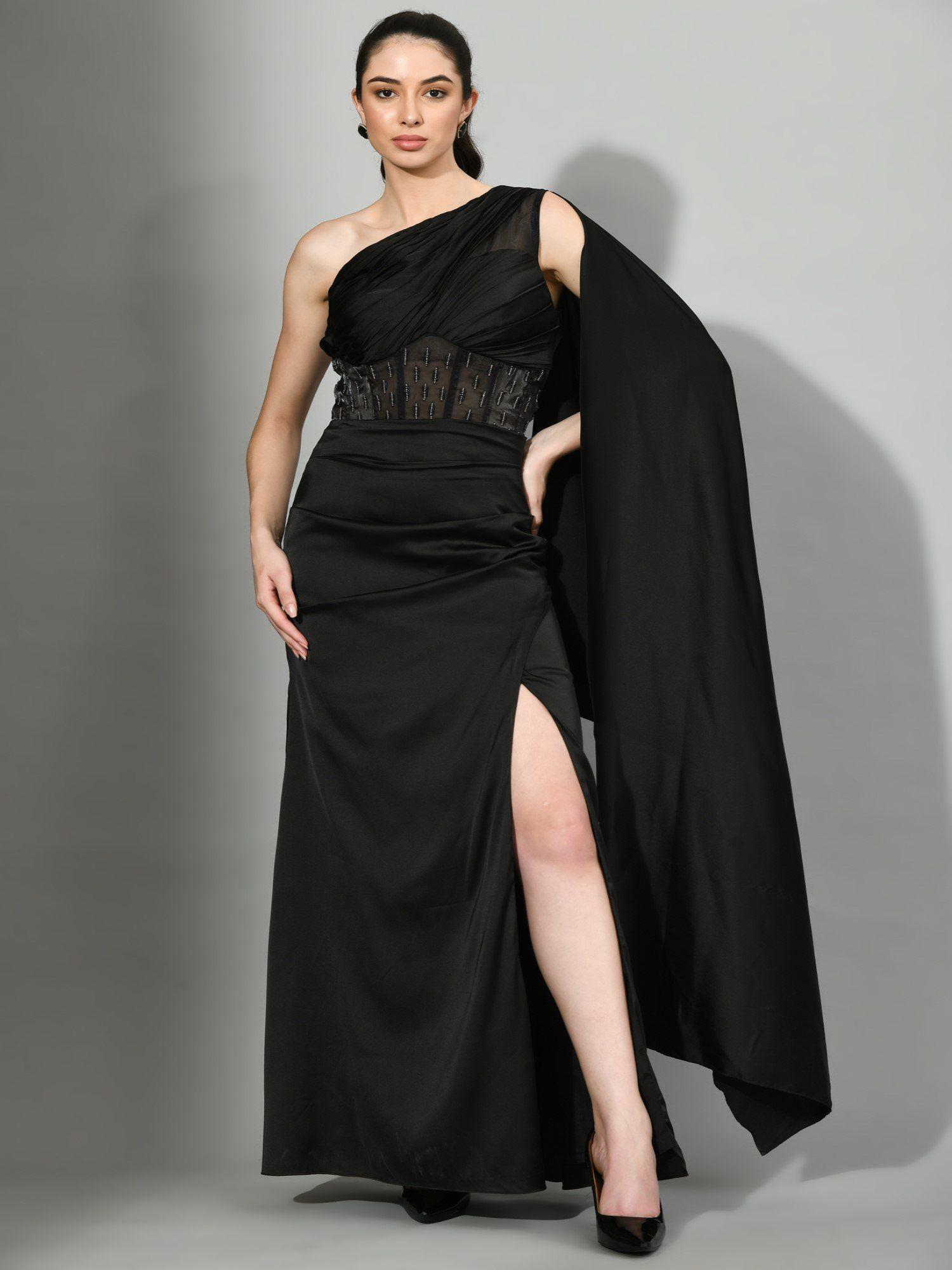 lady in black - corset black gown with beads sequined
