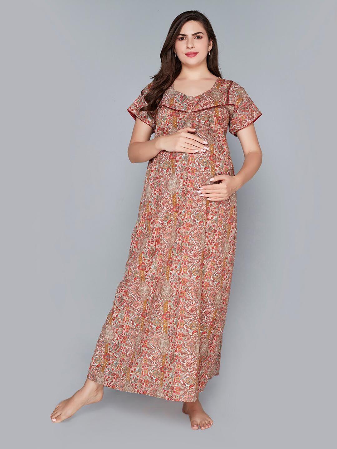lady love ethnic motifs printed maternity maxi nightdress