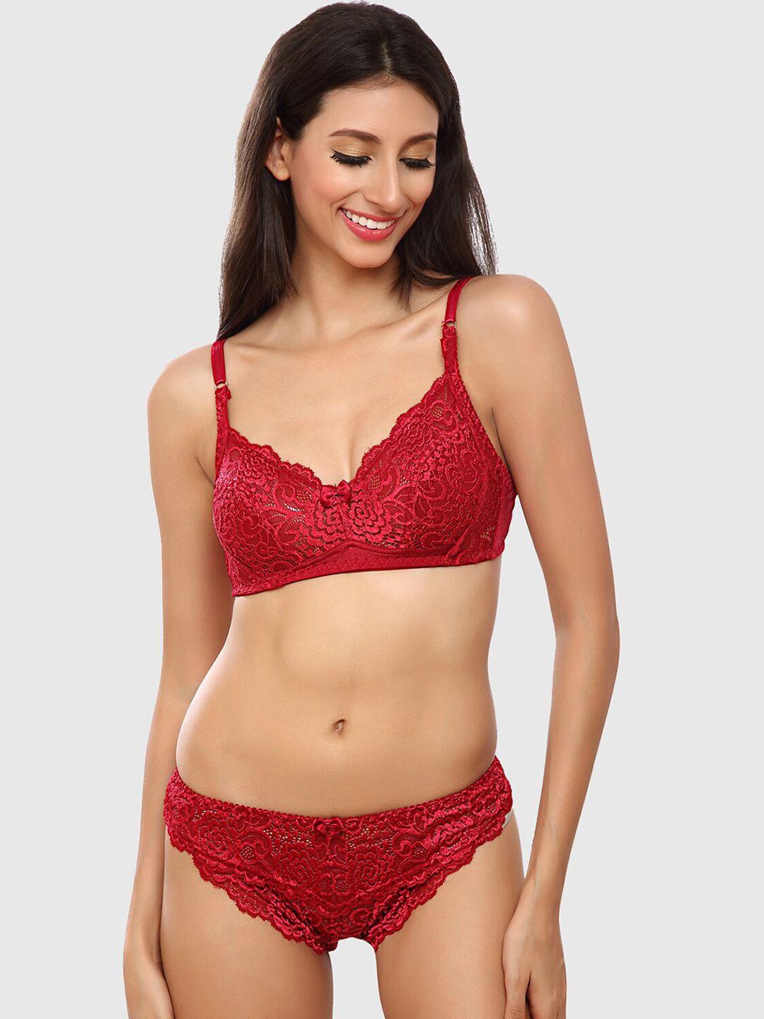 lady love women maroon self-design lingerie set