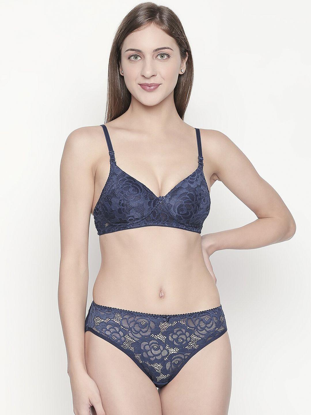 lady love women navy-blue self-design lace lingerie set llset9011