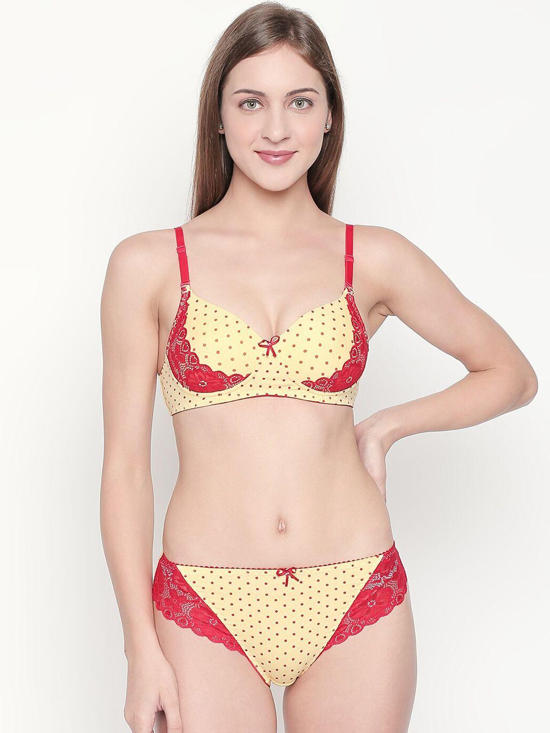 lady love women yellow & red printed lingerie set