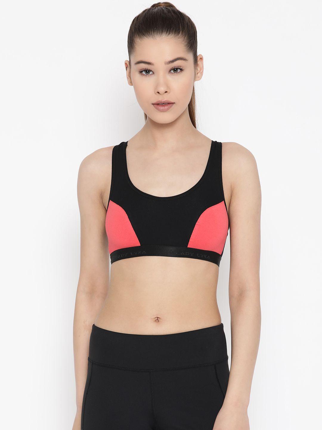 lady lyka black & peach-coloured colourblocked non-wired non padded sports bra