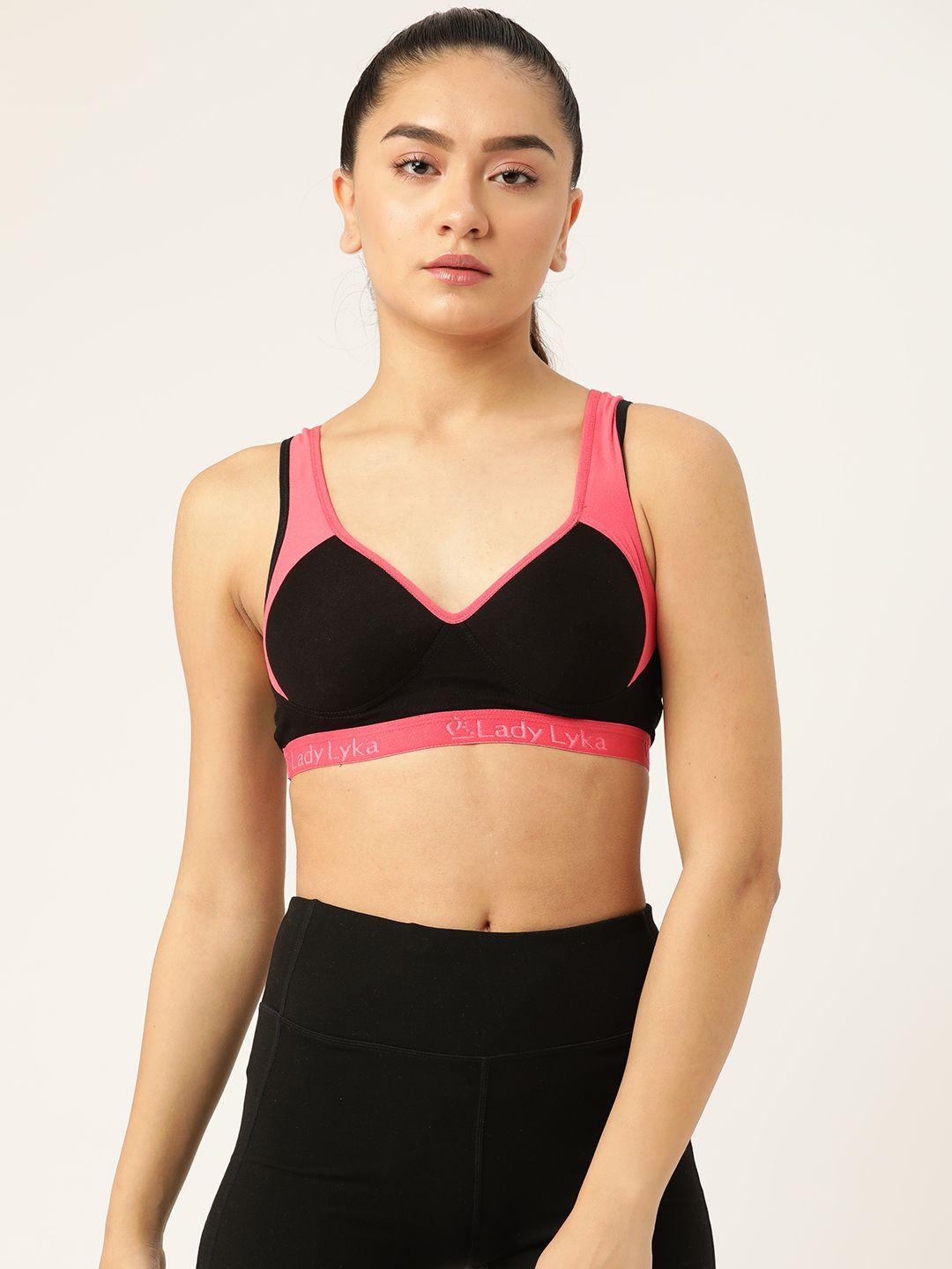 lady lyka black & pink colourblocked workout bra - lightly padded
