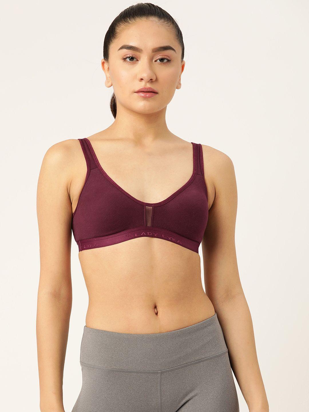 lady lyka burgundy solid cotton workout bra-full coverage non-wired non padded