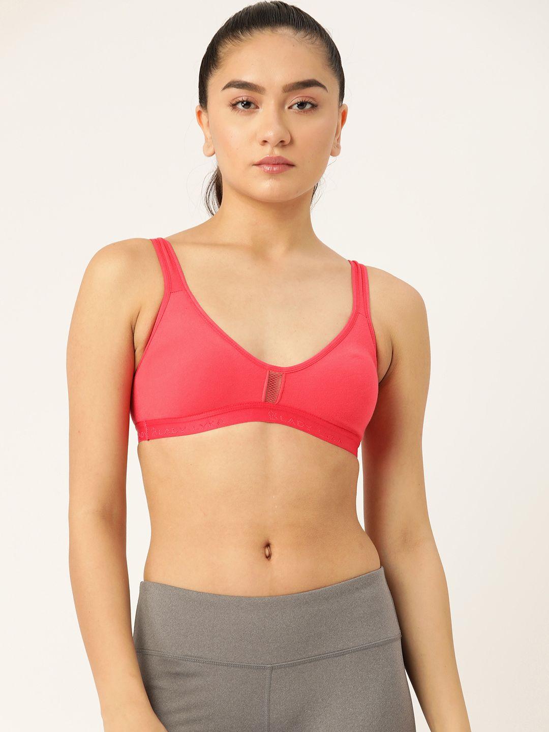 lady lyka coral pink solid cotton workout bra-full coverage non-wired non padded