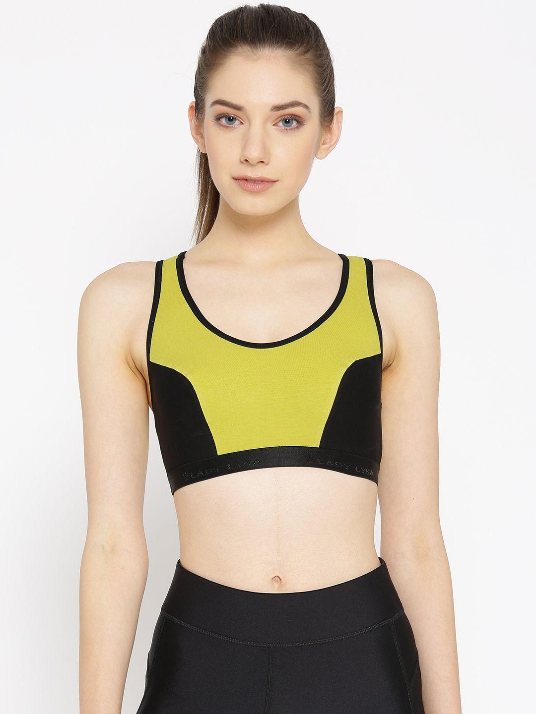 lady lyka green & black colourblocked non-wired non padded sports bra racer-sport