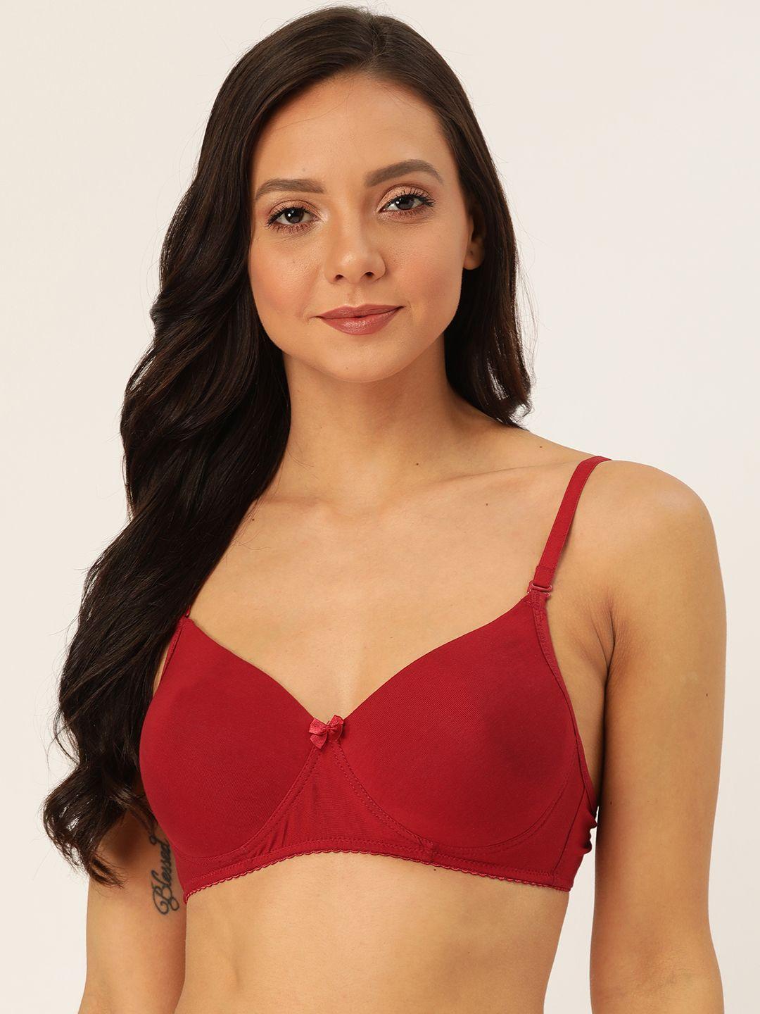 lady lyka maroon solid non-wired lightly padded t-shirt bra white-rose