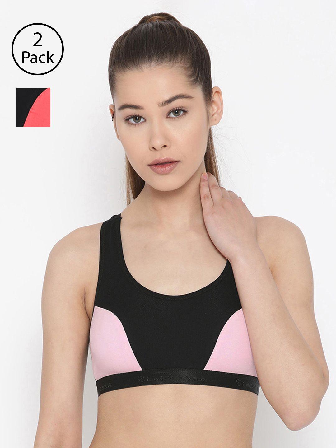 lady lyka pack of 2 colourblocked non-wired non padded sports bras roses-plm-pnk