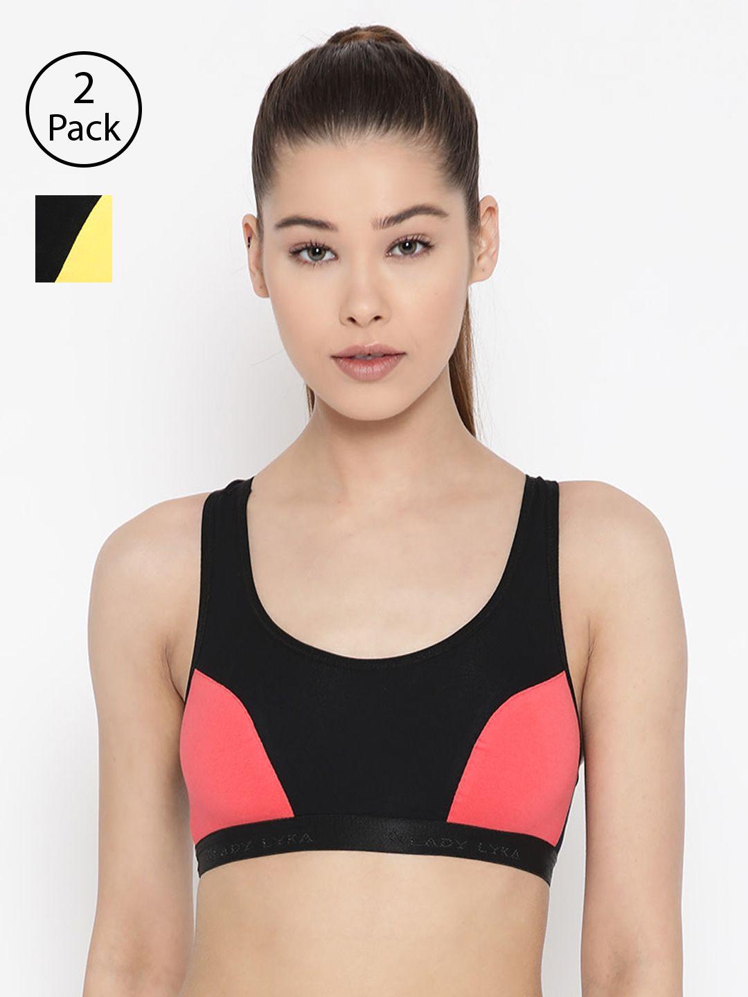 lady lyka pack of 2 colourblocked non-wired non padded sports bras roses-plm-ylw