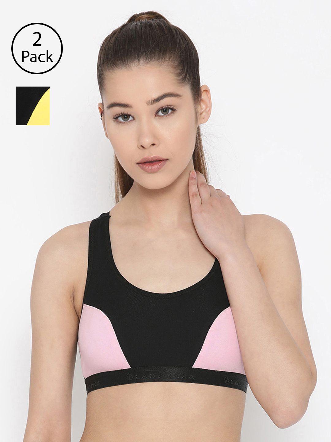 lady lyka pack of 2 colourblocked non-wired non padded sports bras roses-pnk-ylw