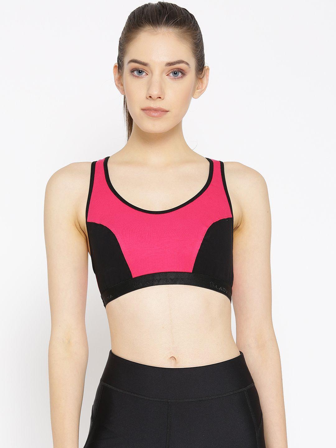 lady lyka pink & black colourblocked non-wired non padded sports bra racer-sport