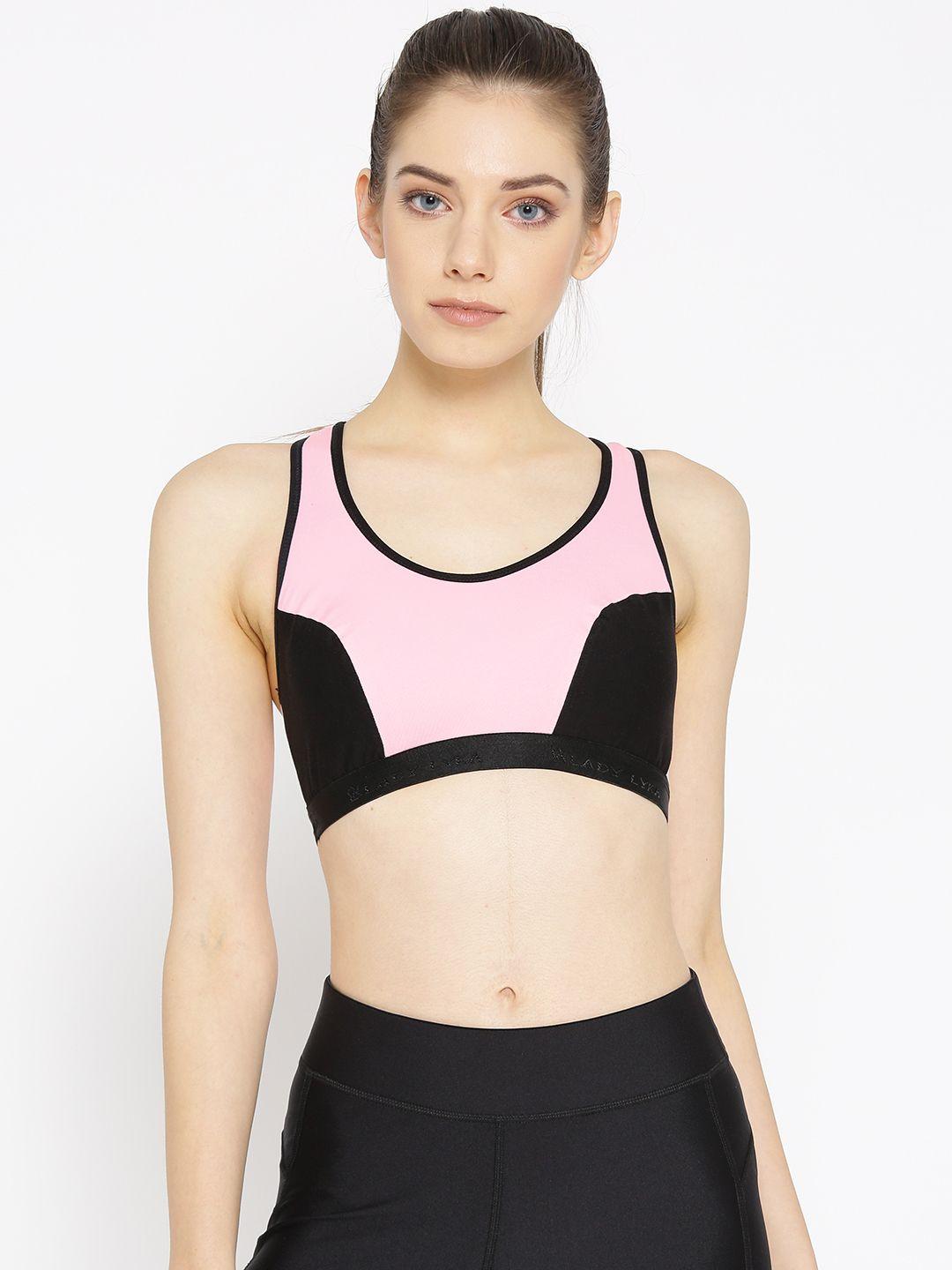 lady lyka pink & black colourblocked non-wired non padded sports bra racer-sport