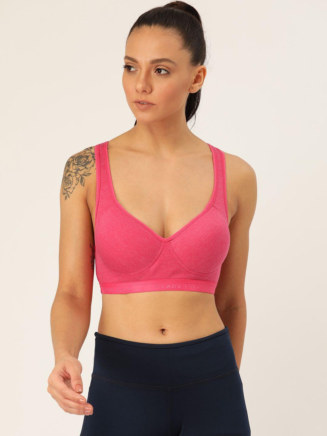 lady lyka pink solid non-wired lightly padded sports bra provogue