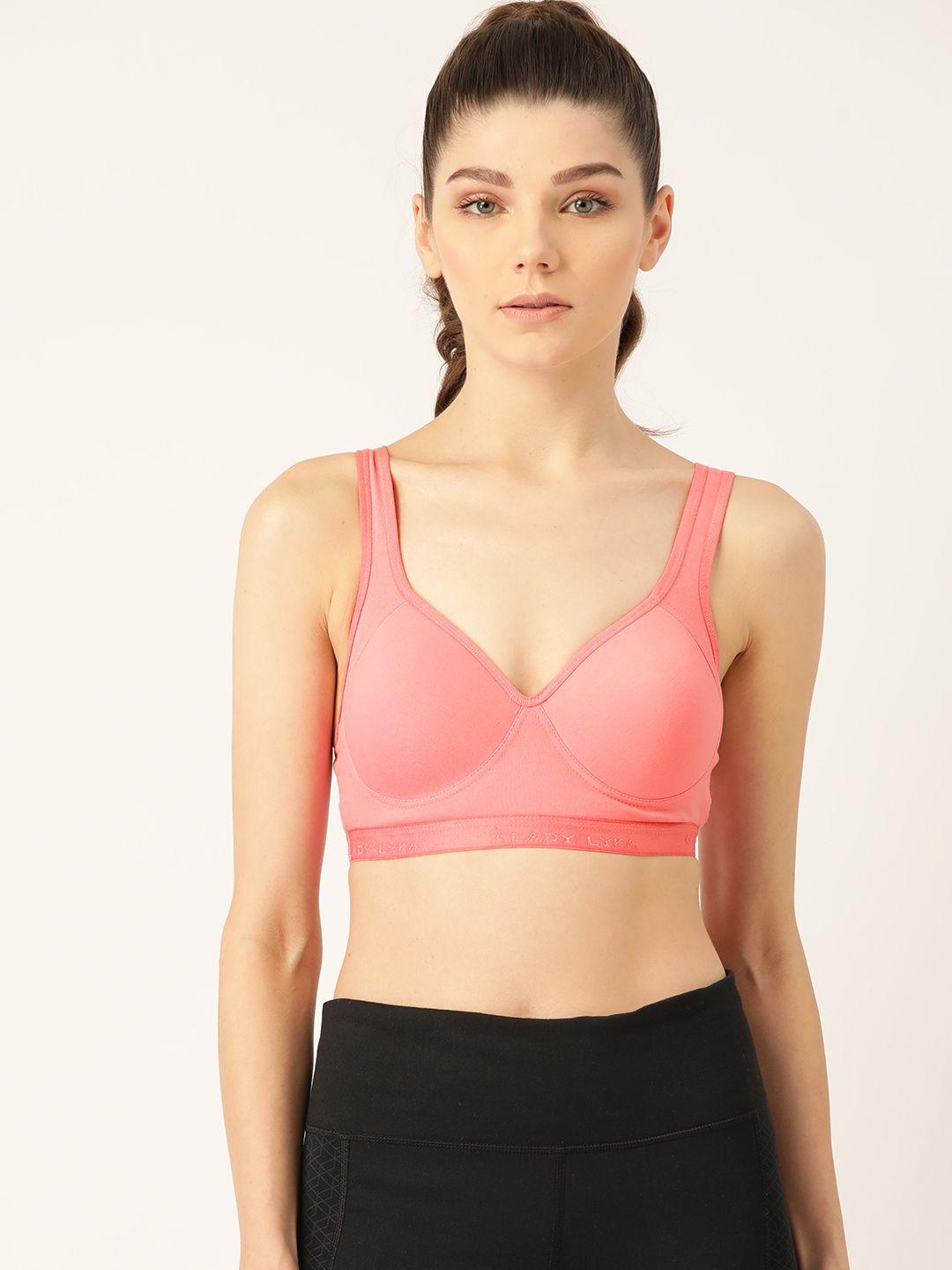 lady lyka pink solid non-wired lightly padded sports bra provogue