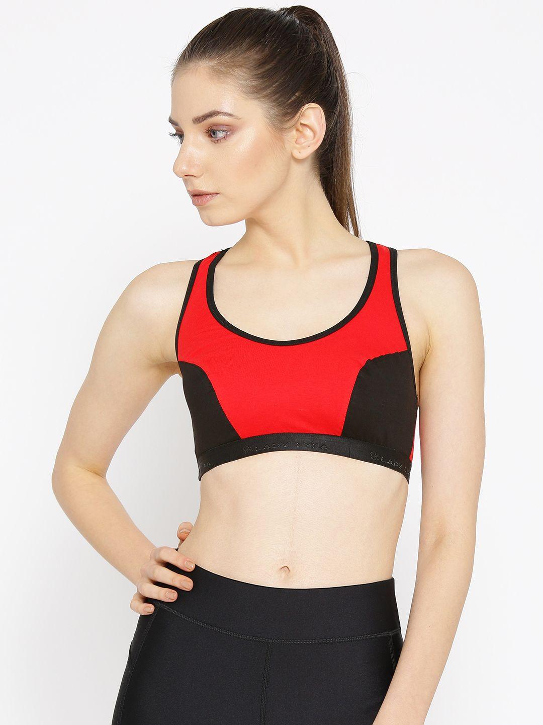 lady lyka red & black colourblocked non-wired non padded sports bra racer-sport