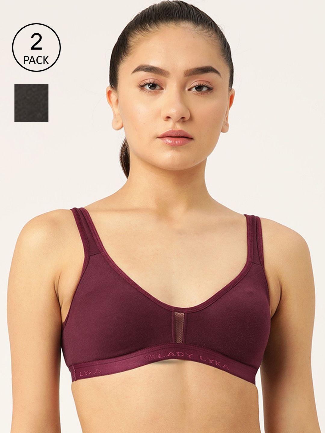 lady lyka women set of 2 maroon & black solid sports bra