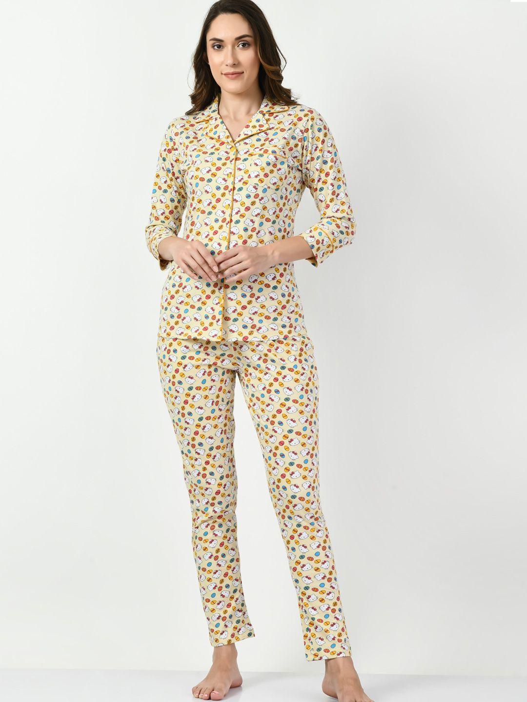 ladyland women yellow & blue printed night suit