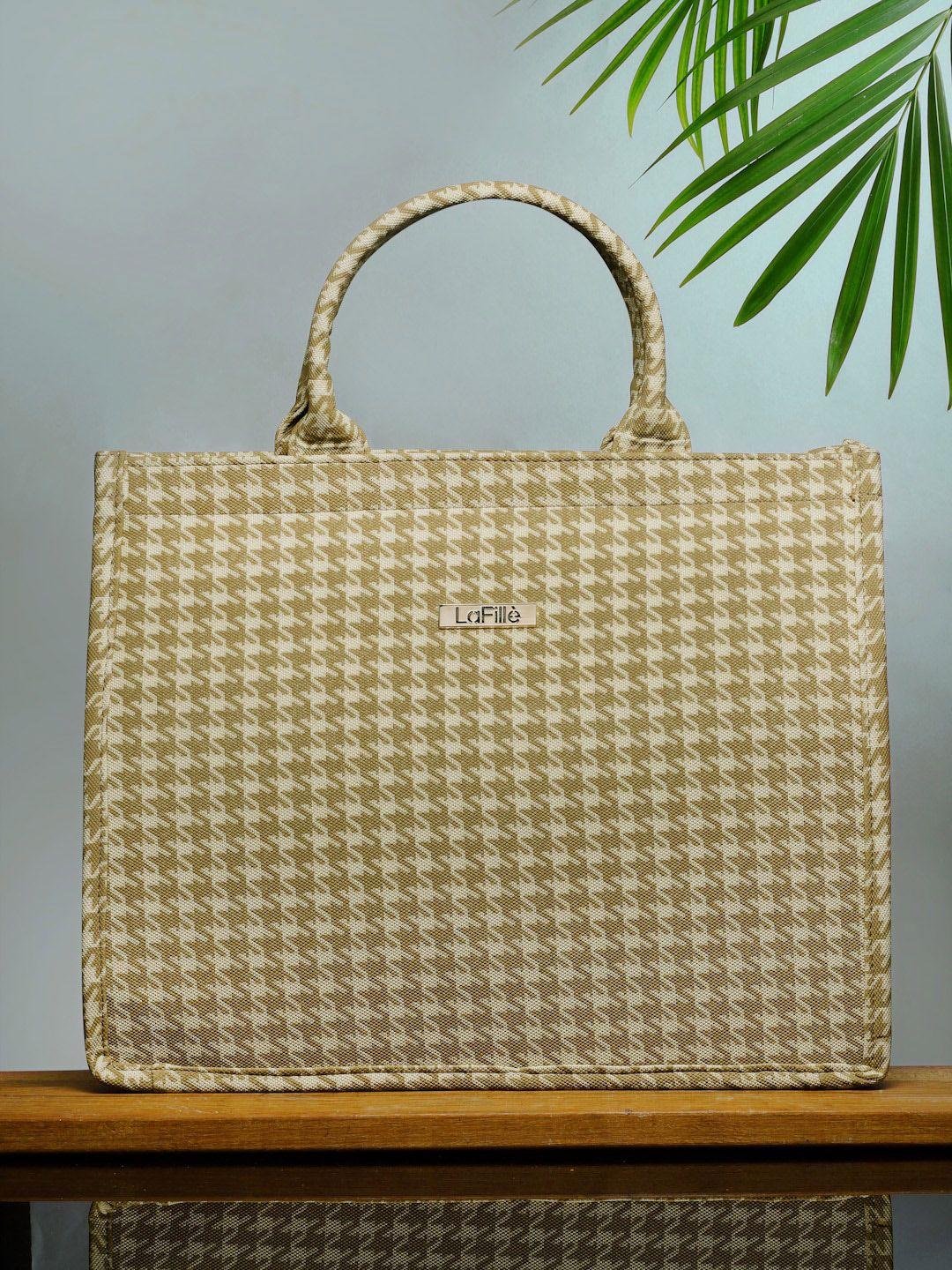 lafille cream-coloured geometric printed pu oversized tote bag