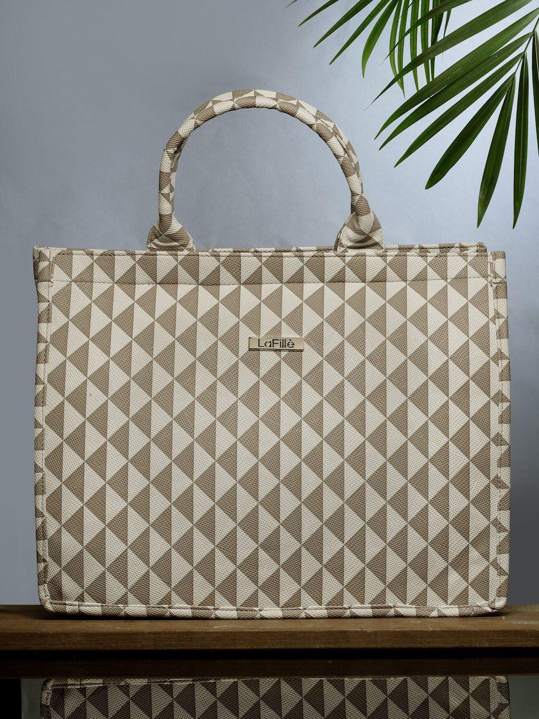 lafille cream-coloured geometric pu structured handheld bag with quilted