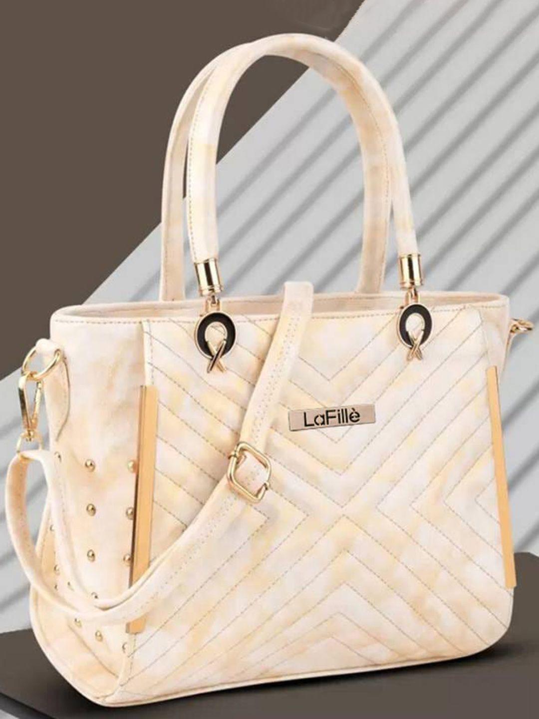 lafille cream-coloured pu structured handheld bag with quilted