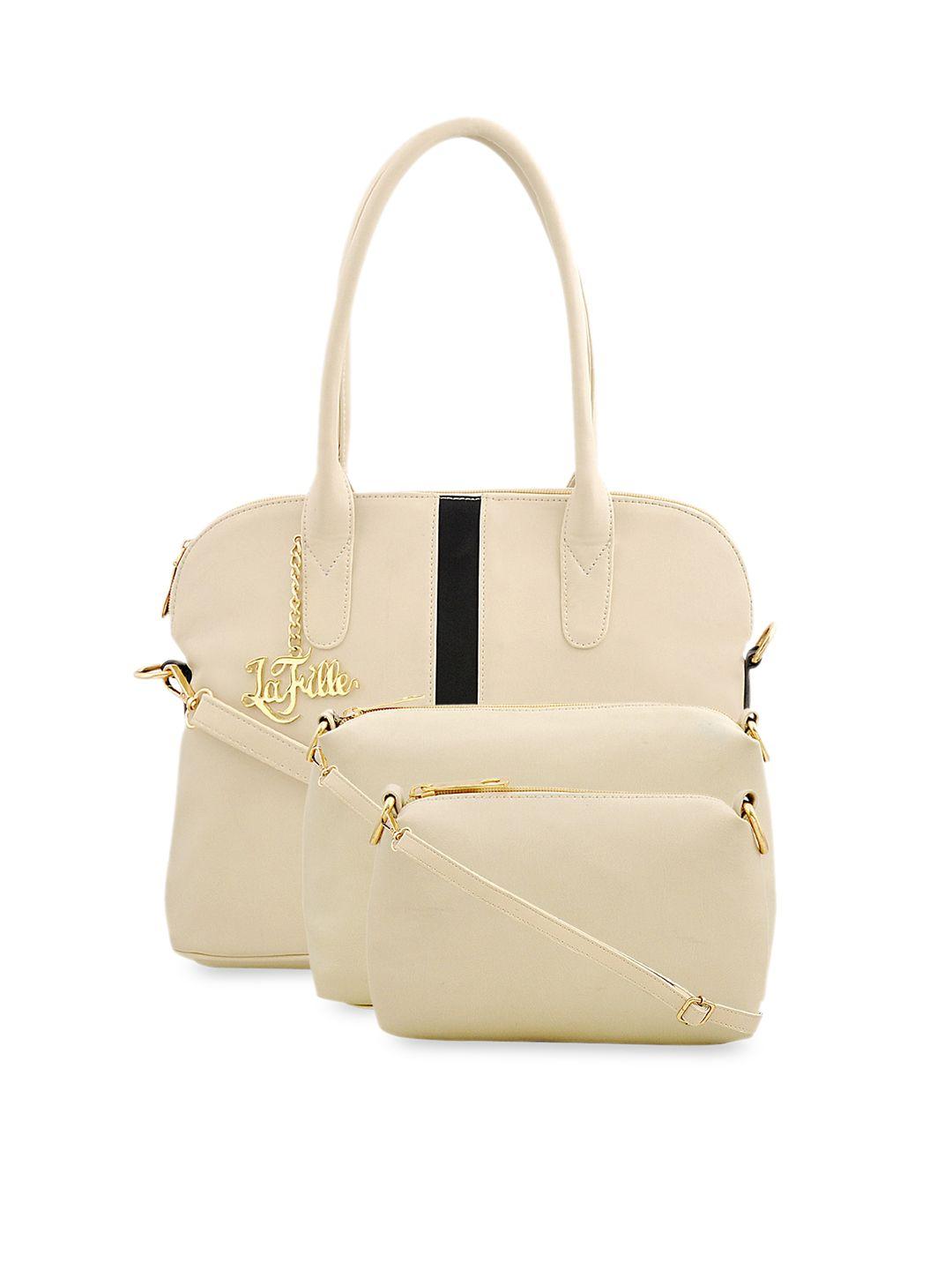 lafille cream-coloured set of 3 solid handbags