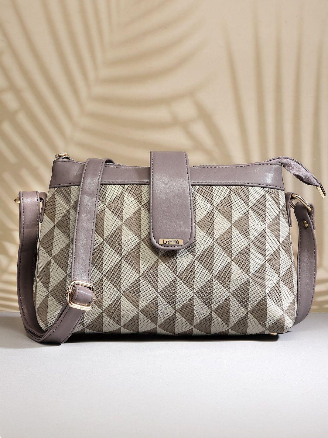 lafille khaki geometric printed pu sling bag