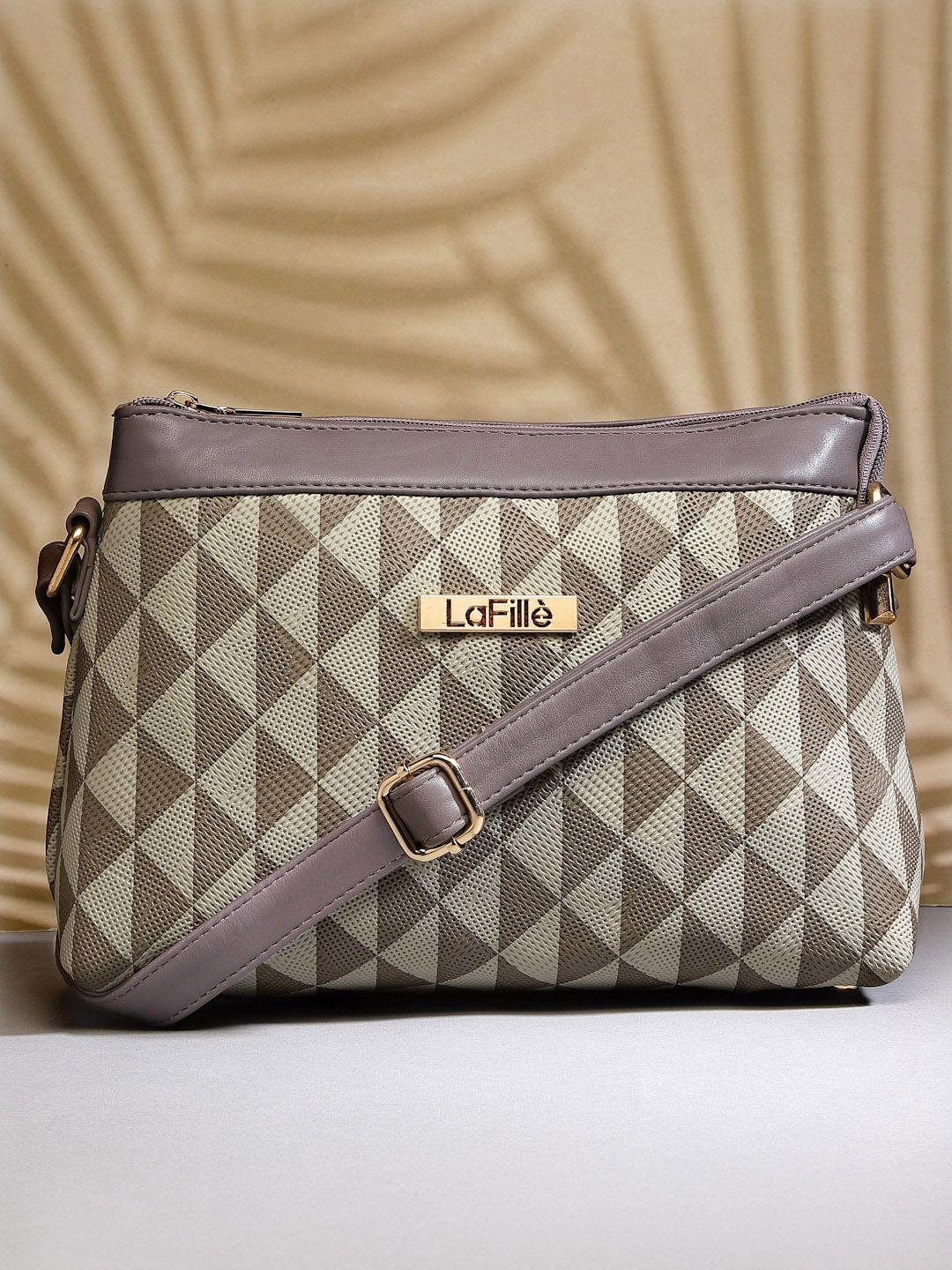 lafille khaki geometric printed pu sling bag