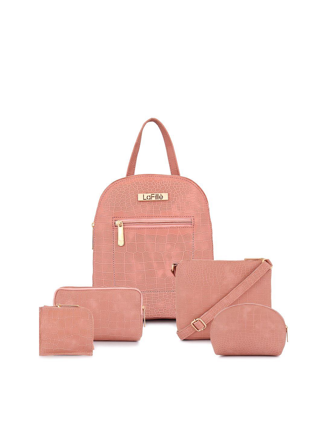 lafille peach-coloured animal textured pu bucket handheld bag with cut work