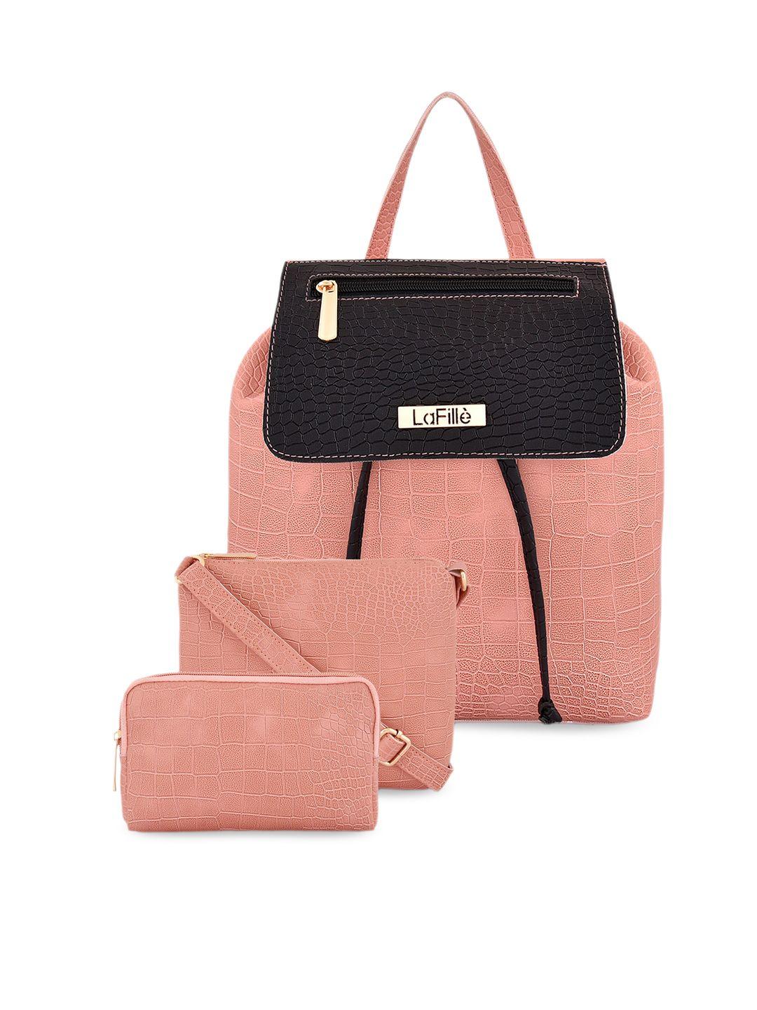 lafille peach-coloured colourblocked pu structured handheld bag with cut work