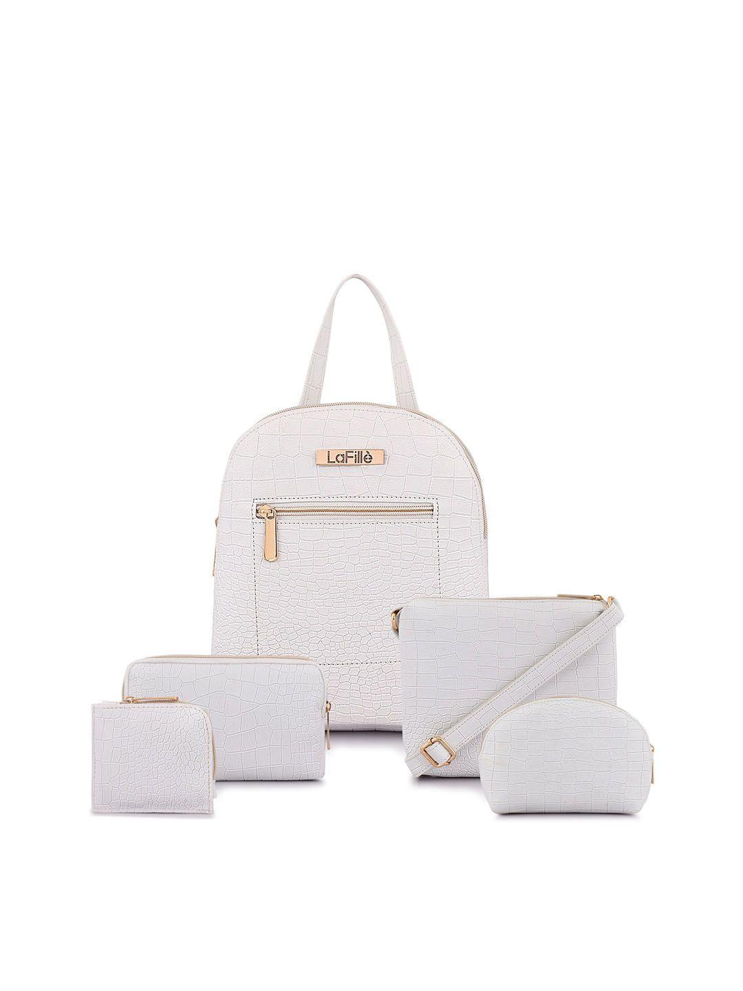 lafille white animal textured pu structured handheld bag with cut work