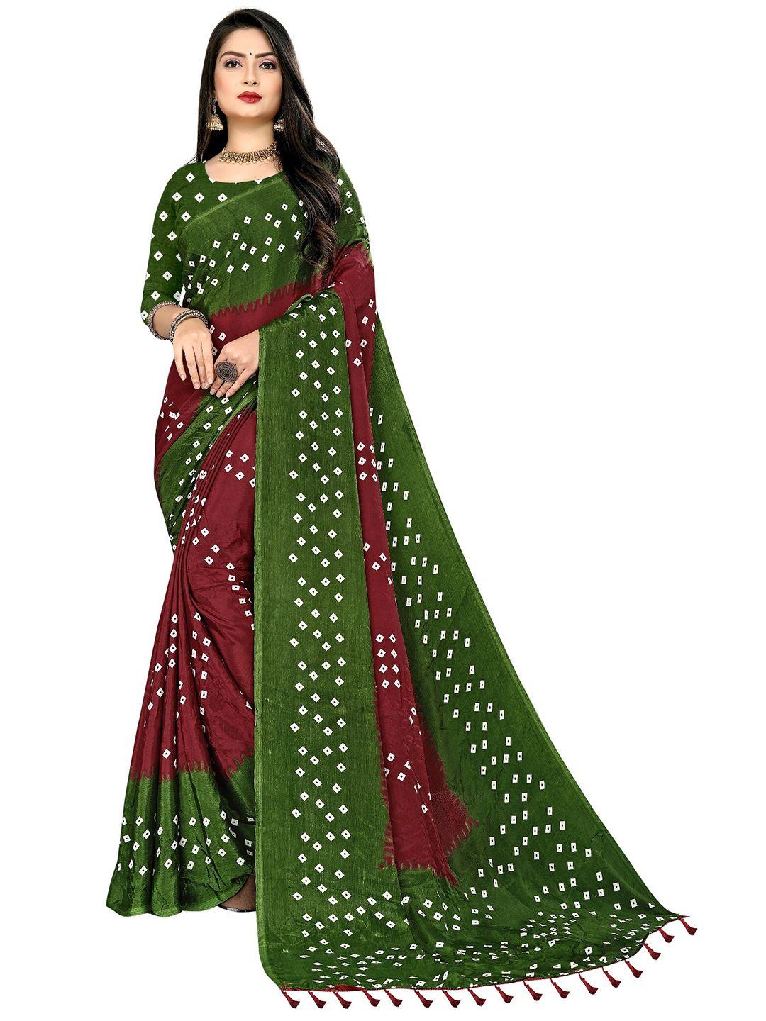 laheja maroon & green bandhani printed saree