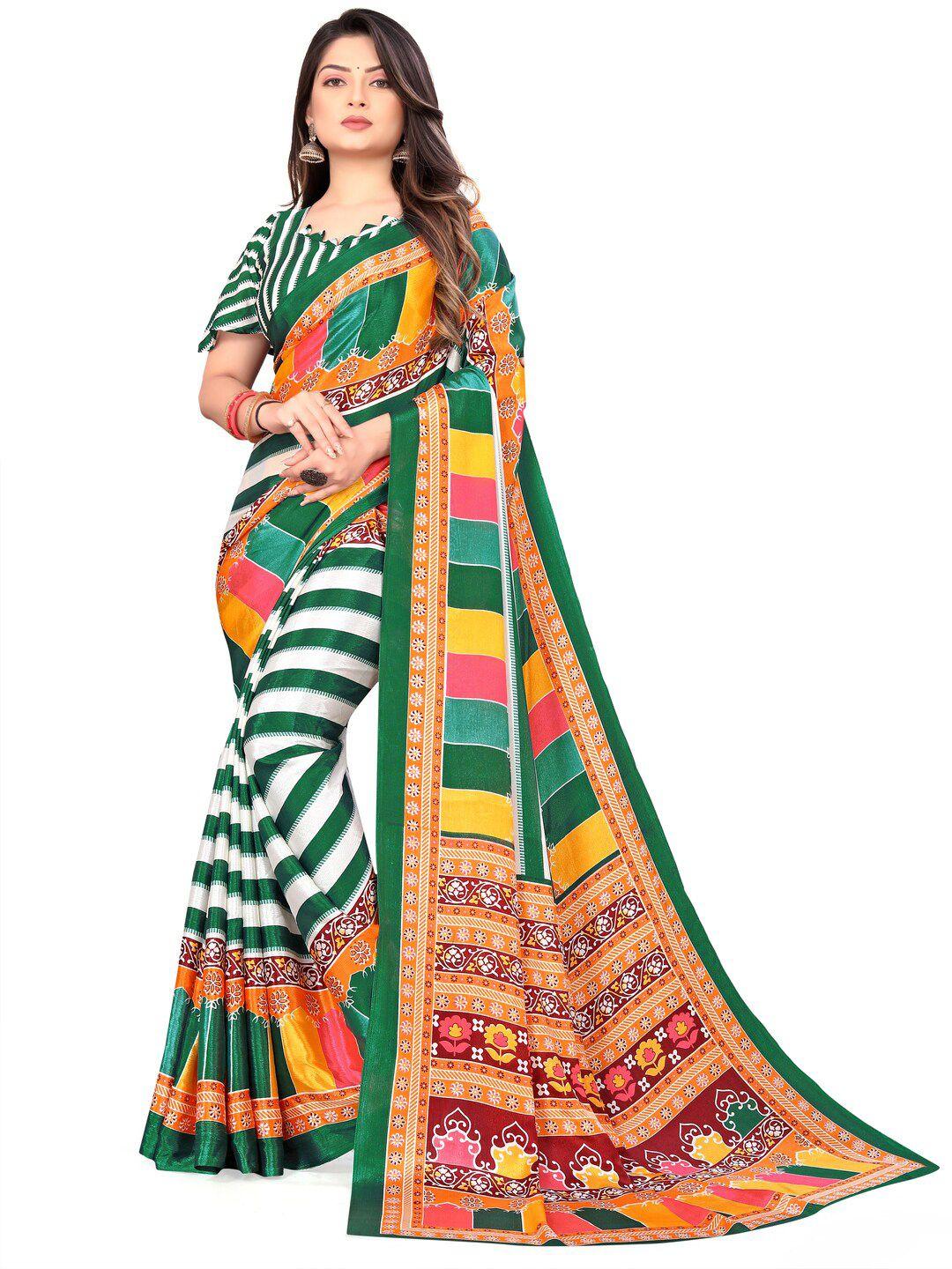 laheja dark green & orange bandhani silk blend saree