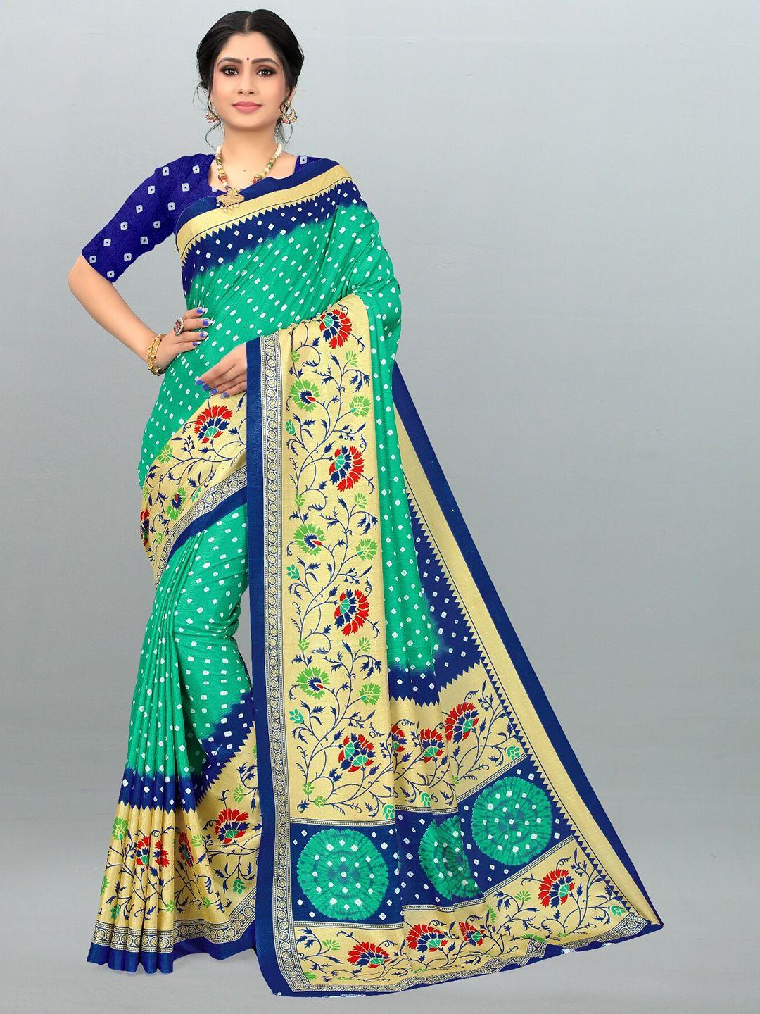 laheja green & navy blue ethnic motifs silk blend heavy work saree