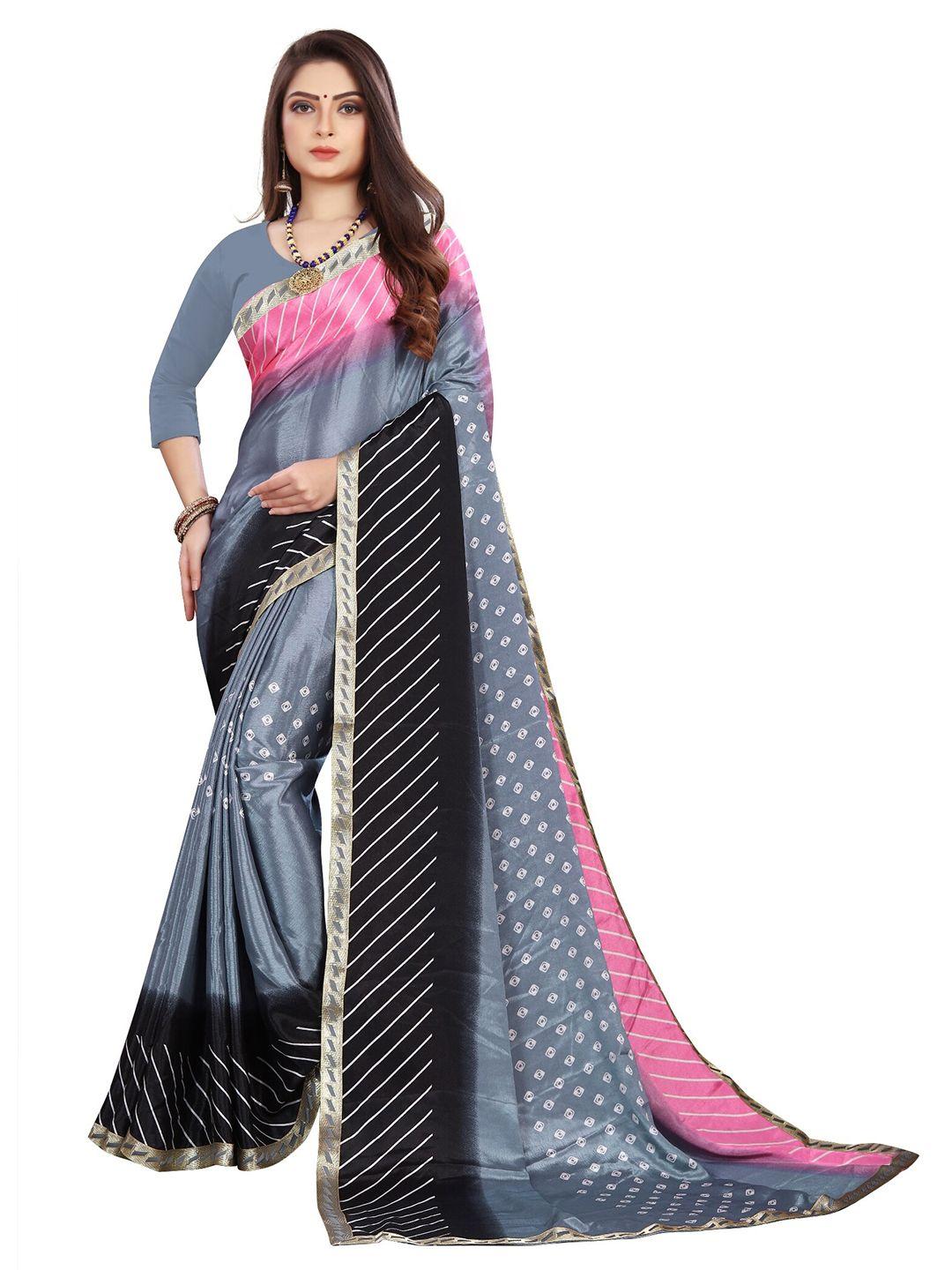 laheja grey & black bandhani printed ploy silk saree